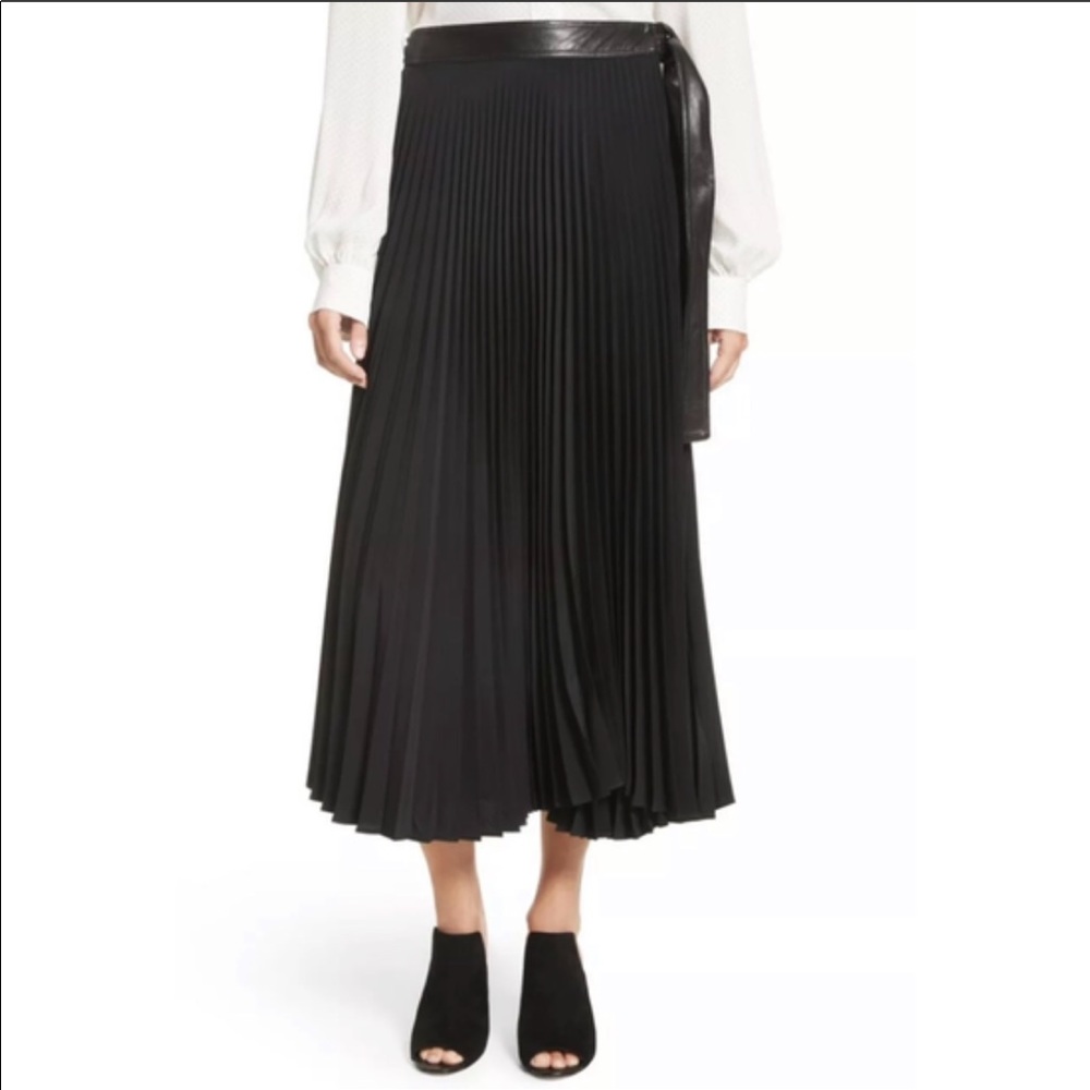 A.L.C Anika Leather Trim Pleated Midi Skirt Black